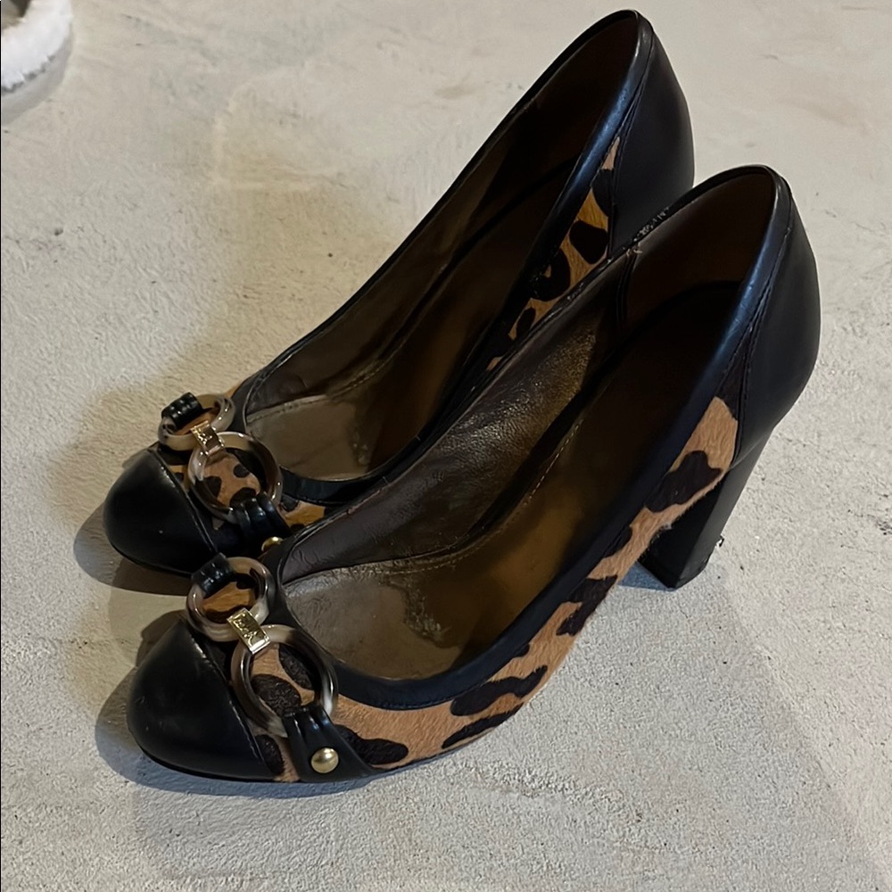 Coach Black and Brown Leopard Print Peep-Toe Heels